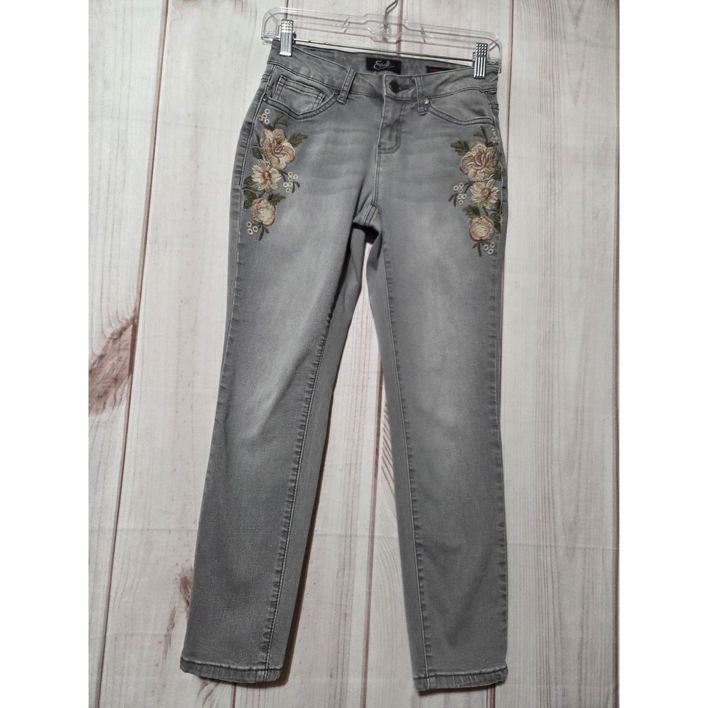 Earl Jean Womens 4P Grey Skinny Ankle Floral Embroidered Stretch Denim Jeans